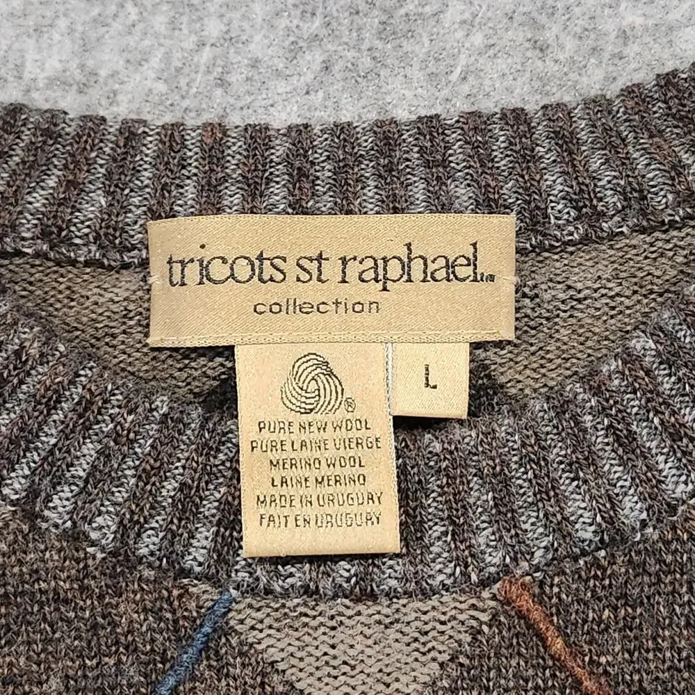 VTG Tricots St Raphael Mens L Large Pure‎ New Wool Knit Crewneck Argyle Sweater